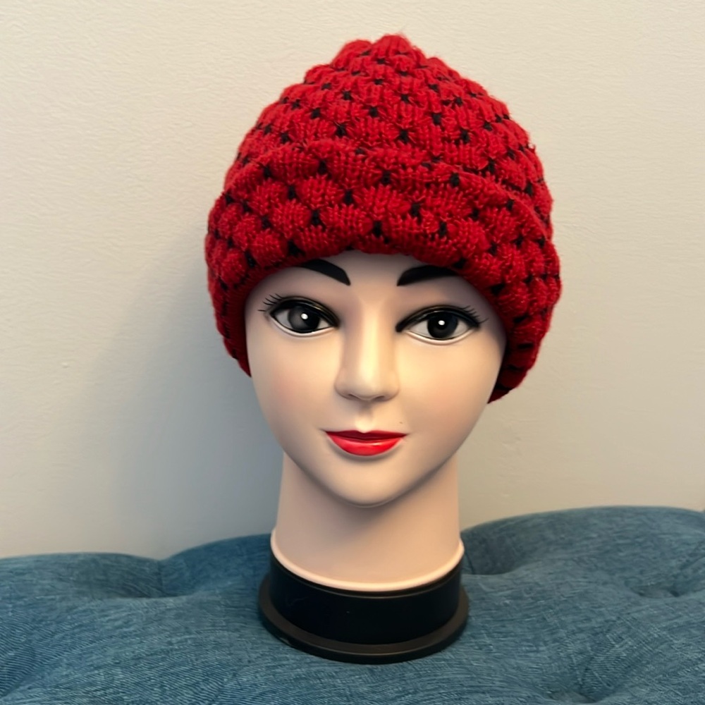 Dark Red And Black Knit Hat-See Photos